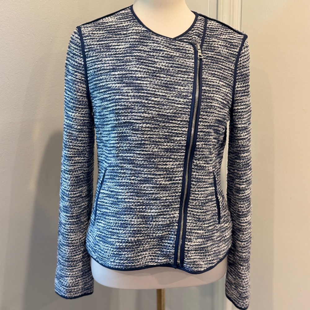 Ann Taylor Blue Moto Tweed with Gold accent Jacket Quilted Lining | Size 4